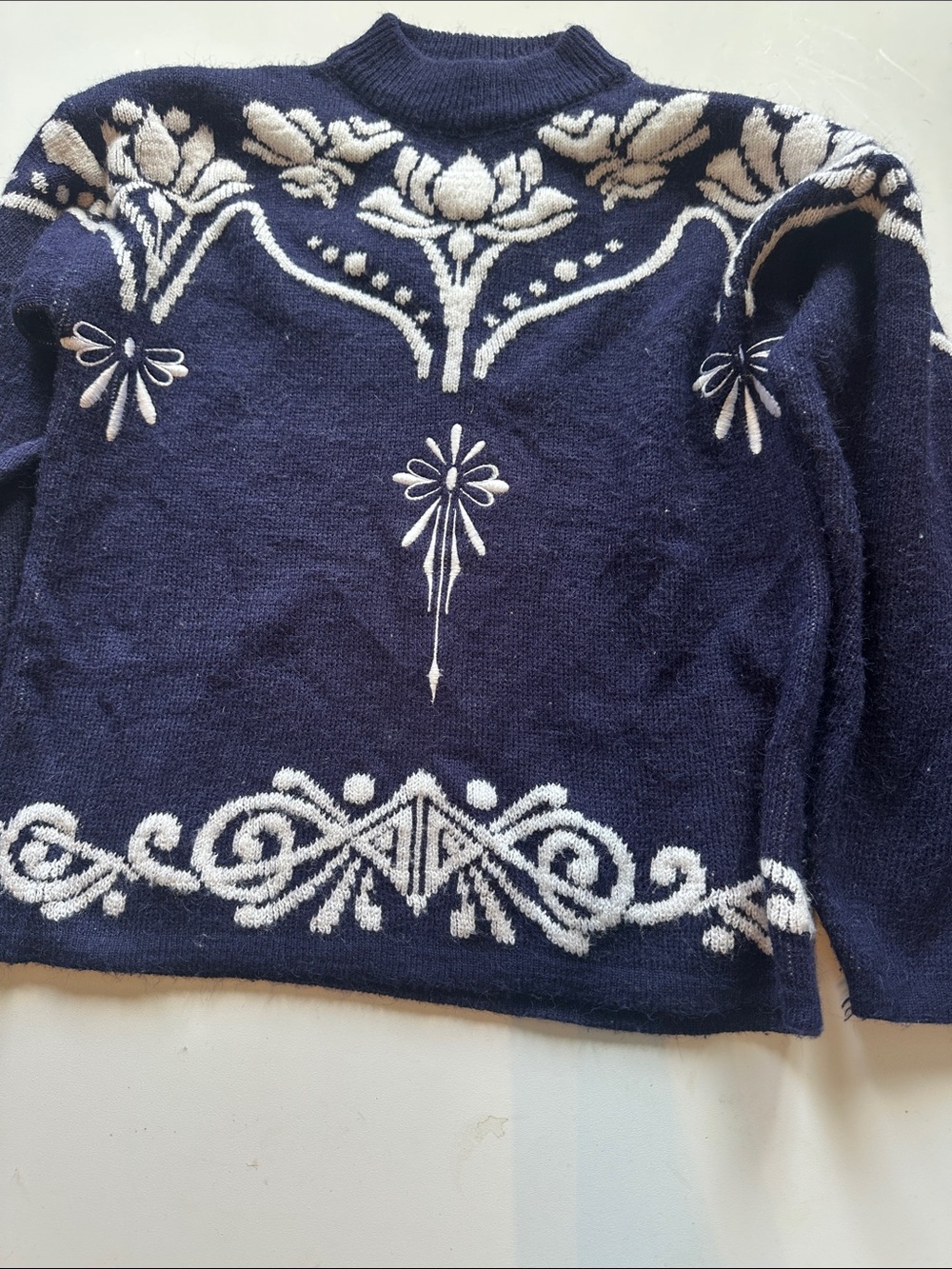 Navy and Cream Floral Jacquard Turtleneck Sweater